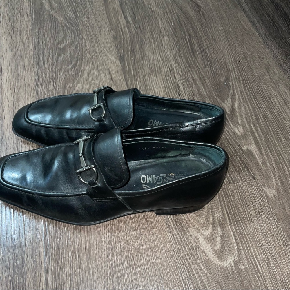 SALVATORE FERRAGAMO Double Gancini Bit Black leather  Slip On Loafers 9.0